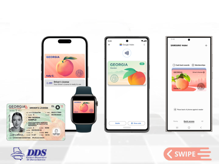 An iphone, apple watch, google android, and samsung phone displaying their Digital Driver's License and ID behind a picture of a real ID.