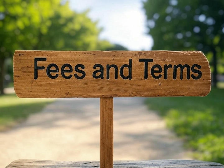 A wooden sign with the words "Fees and Terms" written on it and a road with nature out of focus in the background.