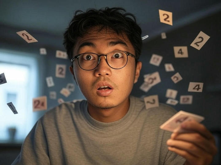 A man with glasses holding his drivers license and looking shocked as numbers on pieces of paper representing points against his license fly around him.