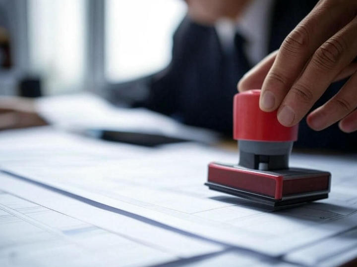 A hand holding a rubber approval stamp over out of focus paperwork that represents the reinstatement process.
