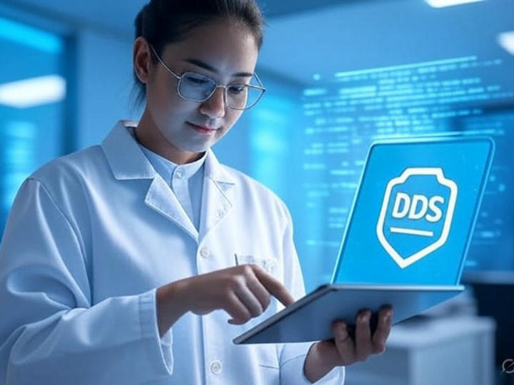A young asian female in a white medical professional's coat using a computer with the letters "DDS" shown.
