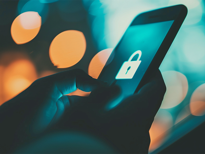 Hands holding a phone that is displaying a lock on the screen with an abstract background of out of focus lights.