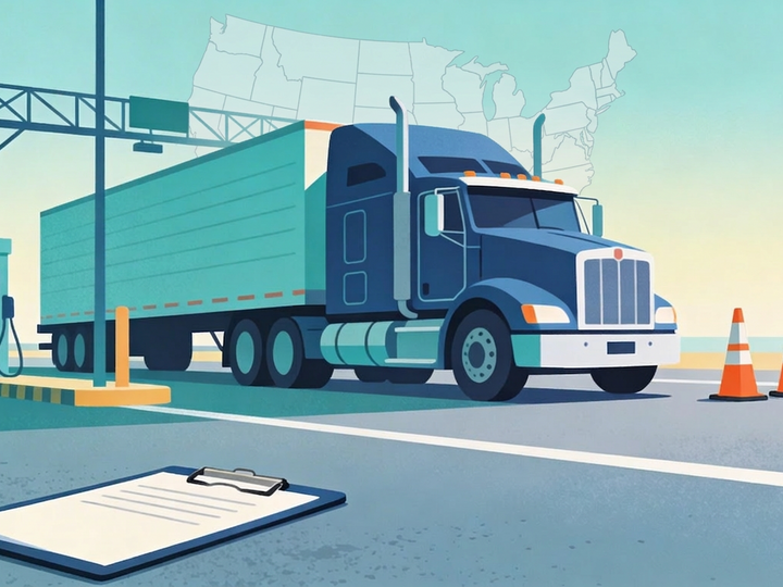 An animated image of a large 18-wheeled truck and trailer parked at a station with a clipboard laying on the ground nearby and a backdrop of the United States map in the background.