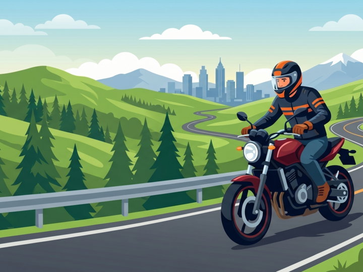 Motorcycle rider cruising down the Georgia backroads safely with a helmet.