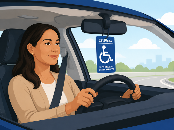 Woman driving a vehicle on Georgia roadways with a handicap placard hanging from her rear view mirror.