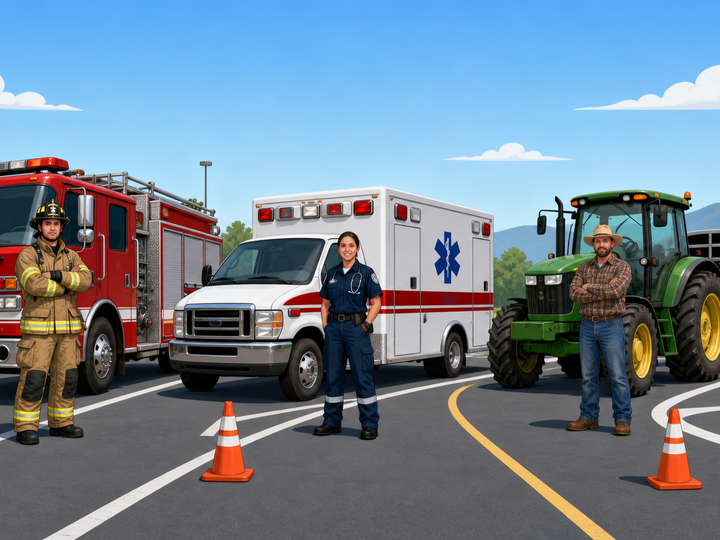 A firefighter, ambulance driver, and farmer standing in front of their respective vehicles on a road with an orange traffic cone in front of each person.