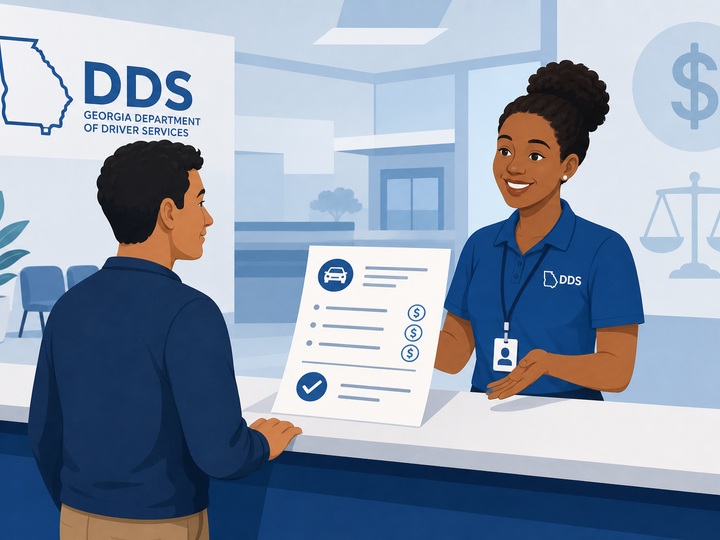 A customer discussing fees and terms with a DDS employee inside a customer service center.