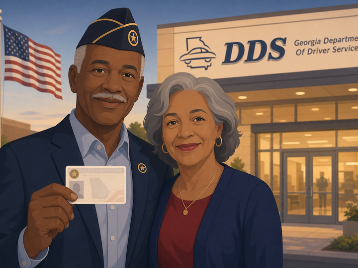 A military veteran and his wife showing off her honorary license in front of a GA DDS center.