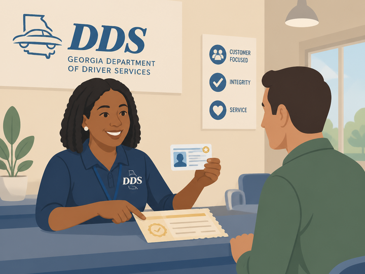 A Georgia DDS employee explaining a process to a customer sitting in front of them.