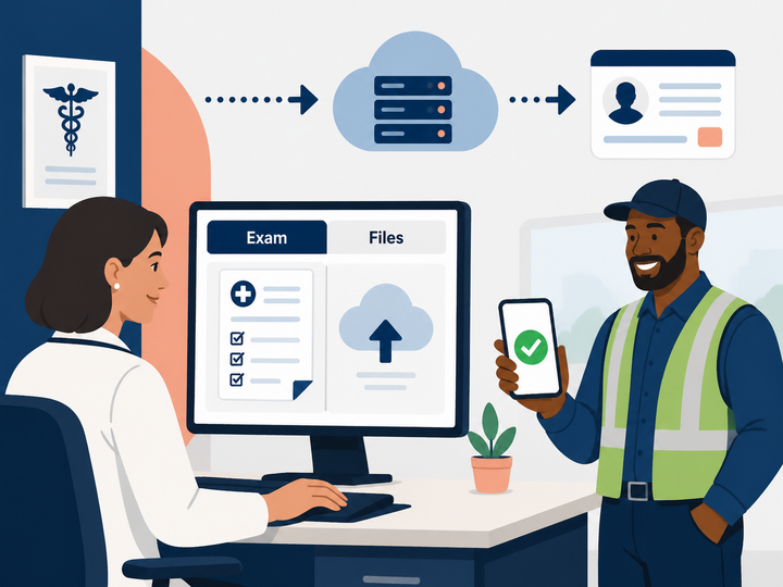 A medical professional helping a CDL driver with submitting their medical exam files to FMCSA.