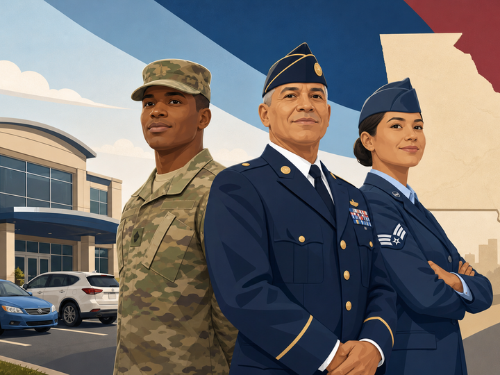 Three people standing together in military uniforms in front of a building.