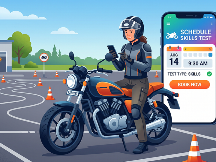 A woman parked on a motorcycle scheduling their skills test while parked and taking a break from practicing.