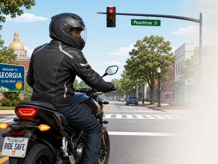 Man riding a motorcycle stopped at a stop light and looking both ways to ensure he is driving safely on Georgia roads.