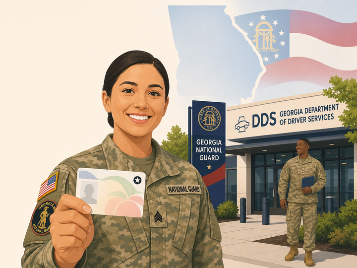 A female National Guard member showing a Georgia License while standing in front of a DDS building. A Georgia National Guard sign and another service member stand in the background.