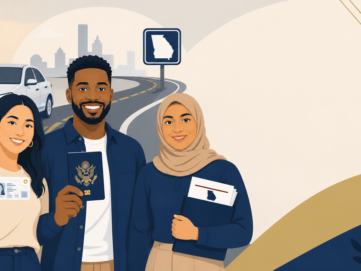 Three individuals standing in front of a road and car holding a drivers license, passport, and documents.