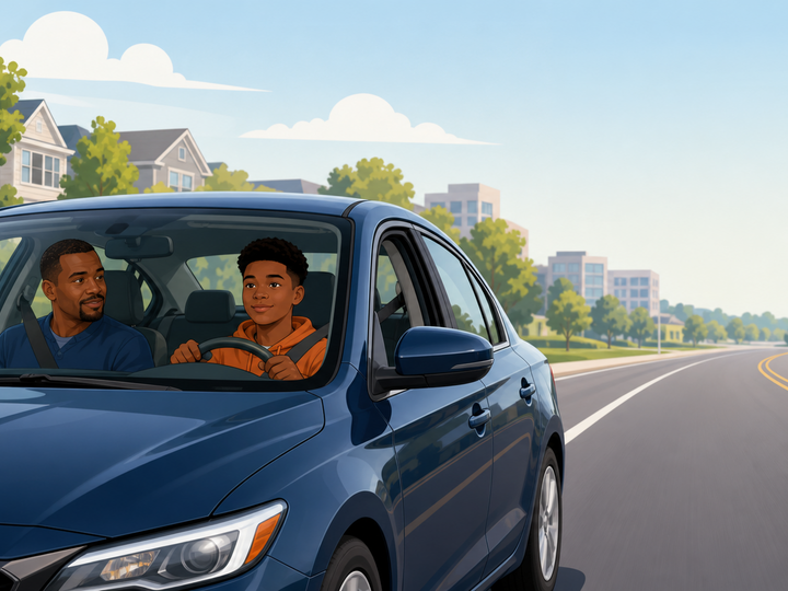 Teen driving a modern sedan with an adult in the front passenger seat on a Georgia roadway, both looking attentive and calm, with a simple suburban background.
