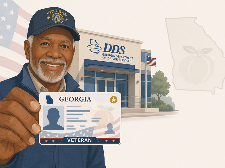 United States veteran showing off his veteran license in front of a DDS building.
