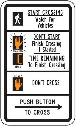Key to walk signals. White stick figure walking means "Start crossing. Watch for vehicles." Flashing orange hand raised means "Don't start. Finish crossing if started." Orange number means "Time remaining to finish crossing." Steady orange hand raised means "Don't cross." Push button to cross.
