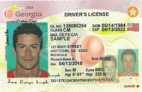 Example of a Real ID Georgia driver's license with a gold star in the upper right-hand corner