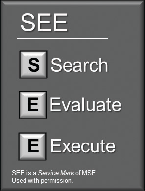 S.E.E. Search, evaluate, execute. SEE is a Service Mark of MSF. Used with permission.