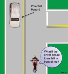 A vehicle approaching from the opposite lane in a potential hazard. The motorcyclist thinks "What if the driver ahead turn left in front of me?"