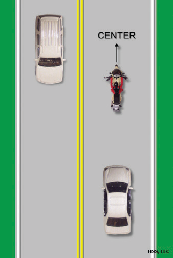 The single motorcyclist rides in the center of the lane