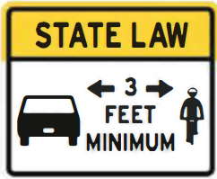 Yellow and white road sign. State Law: 3 feet minimum between vehicles and bicyclists.