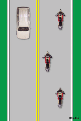 Three motorcyclists ride in staggered formation