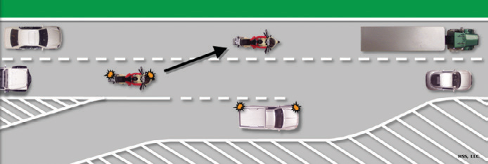 Motorcyclist moves to the left-most lane to avoid a car entering the highway via the onramp 