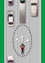 Motorcyclist can move forward or switch to the left or right lanes