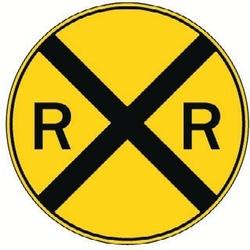 Yellow, circular Railroad Crossing sign