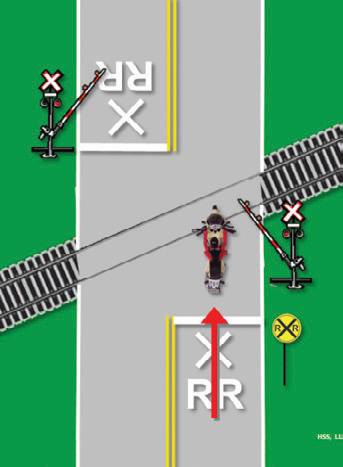 The motorcyclist rides straight through tracks that cross the road at a 45 degree angle