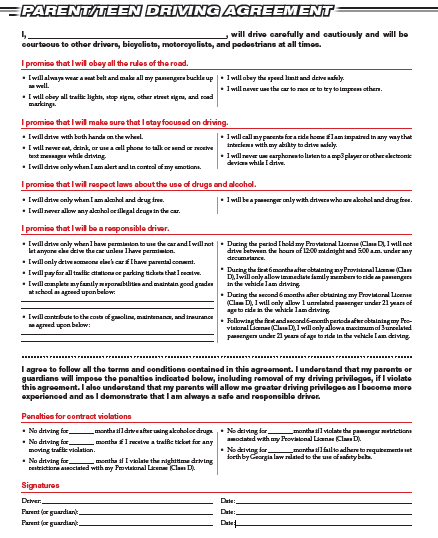 Parent / Teen Driving Agreement: long description follows image