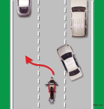 The motorcyclist swerves to switch lanes to avoid a car cutting them off