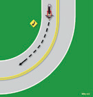 The motorcyclist stays in the center of the lane throughout the curve