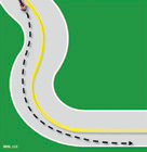 The motorcyclist stays to the outside at the beginning of the curves, and moves inside near the peak of the curve