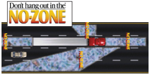 Don't have out in the No-Zone. A large truck's blind spots are behind, in-front, and angling back to the left and right of the truck