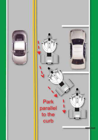 The trike backs into the roadside parking spot and stops parallel to the curb