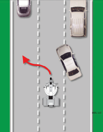 The trike swerves, then brakes to avoid a car cutting into their lane