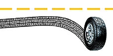 A tire curving to the right of the yellow dashed line, leaving a track behind
