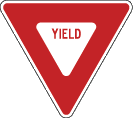A red, inverted triangle Yield sign