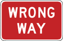 A red, horizontal rectangular Wrong Way sign