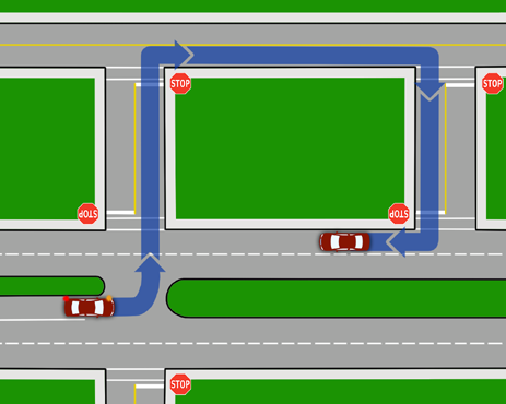 Car turns left from a stop on a two-way street, then makes three right turns to begin driving in the opposite direction on the original two-way street.