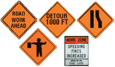 Four yellow diamond signs: Road work ahead, Detour 1000 FT, Lanes merge, Flagger ahead. One Work Zone sign reading "Speeding fines increased. Minimum Fine: $100".