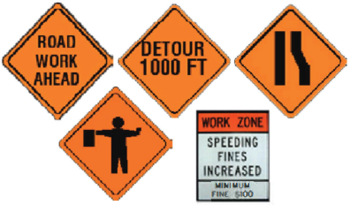 Four yellow diamond signs: Road work ahead, Detour 1000 FT, Lanes merge, Flagger ahead. One Work Zone sign reading 