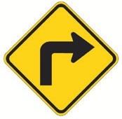 Yellow diamond sharp right turn sign