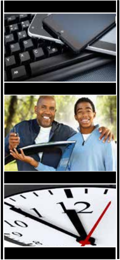 A smart phone on a keyboard. A parent and teen next to a car. A clock face.