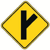 Yellow diamond side road enters highway at an angle sign