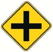 Yellow diamond another road crosses the highway sign