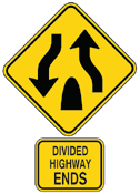 Yellow diamond Divided Highway Ends sign
